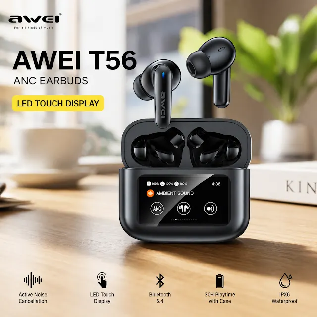 Awei T56 ANC Earbuds with LED Touch Display Awei T56 ANC Earbuds with LED Touch Display