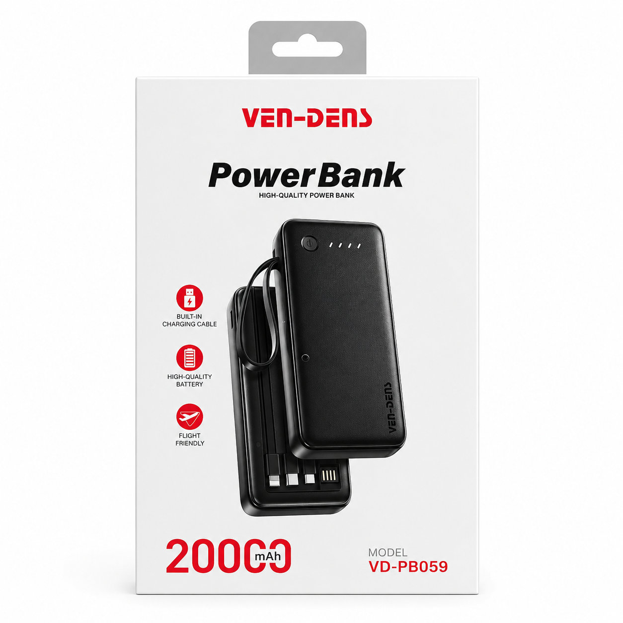 Aj58vKNPP193qqkroVUQdtCJa3qzhey95JdCWfZv VEN-DENS VD-PB059 20000mAh Power Bank – Portable Charger with Built-in Type-C, Micro & Lightning Cables, LED Indicator & Flight-Friendly Design - Image 1