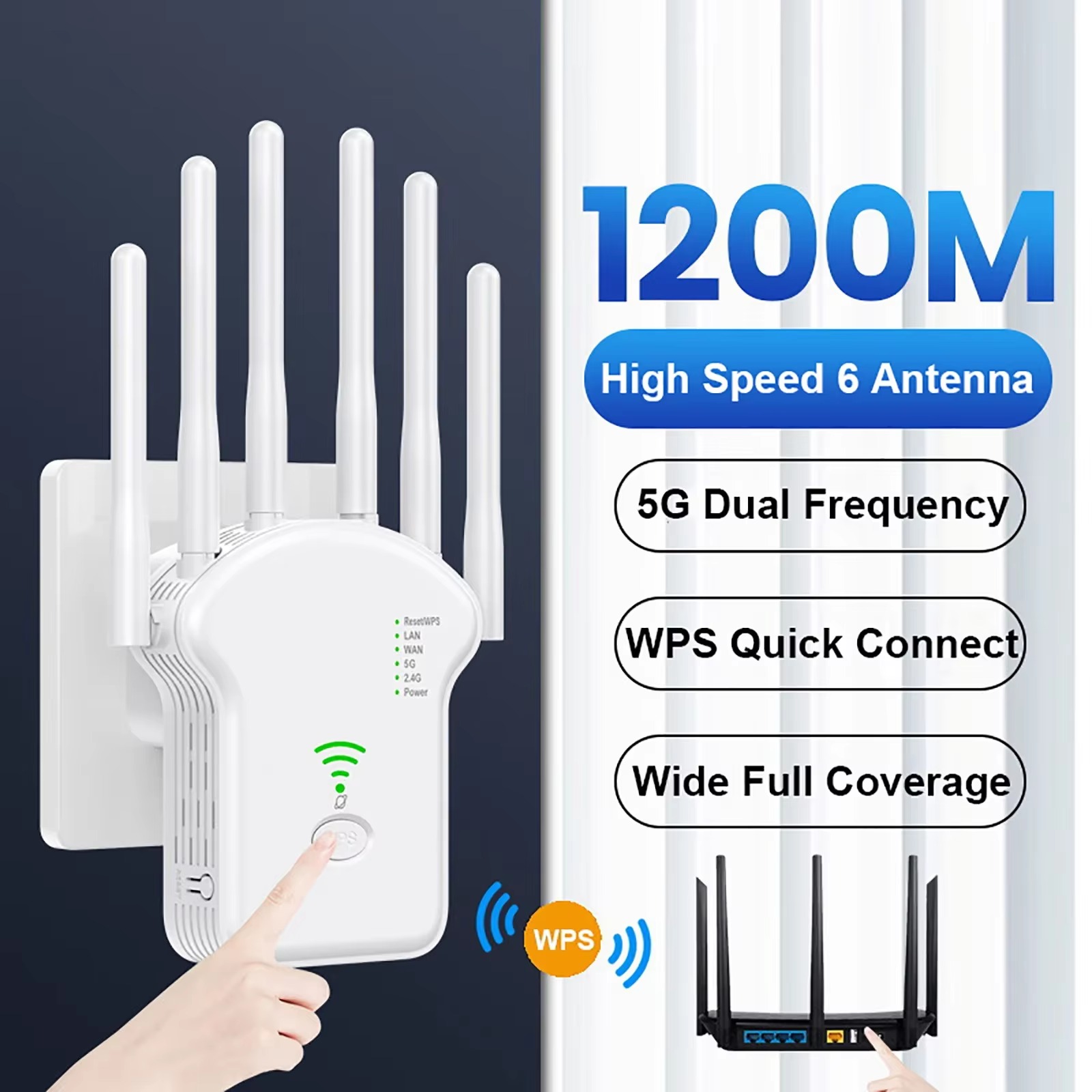 XavyiVmgIrIDCnk6EzqwG4VM0HfYnT2kj1uoi5sP 1200Mbps Wireless WiFi Router Dual-Band 2.4G 5G WiFi Extender 6 Antenna Network Amplifier WPS WiFi Signal - Image 1